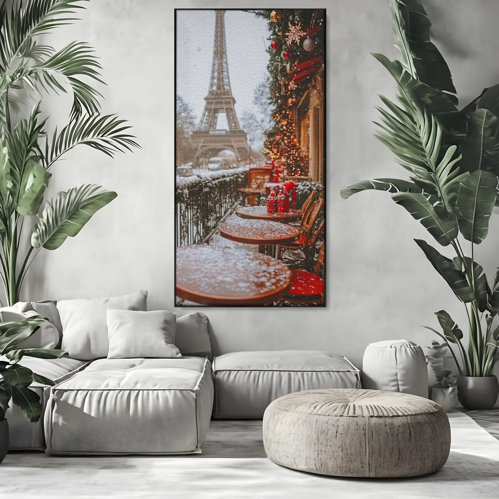 Tablou canvas cu tablou canvas cu turnul eiffel iarna, in rama de aluminiu negru, pe perete intr-un living